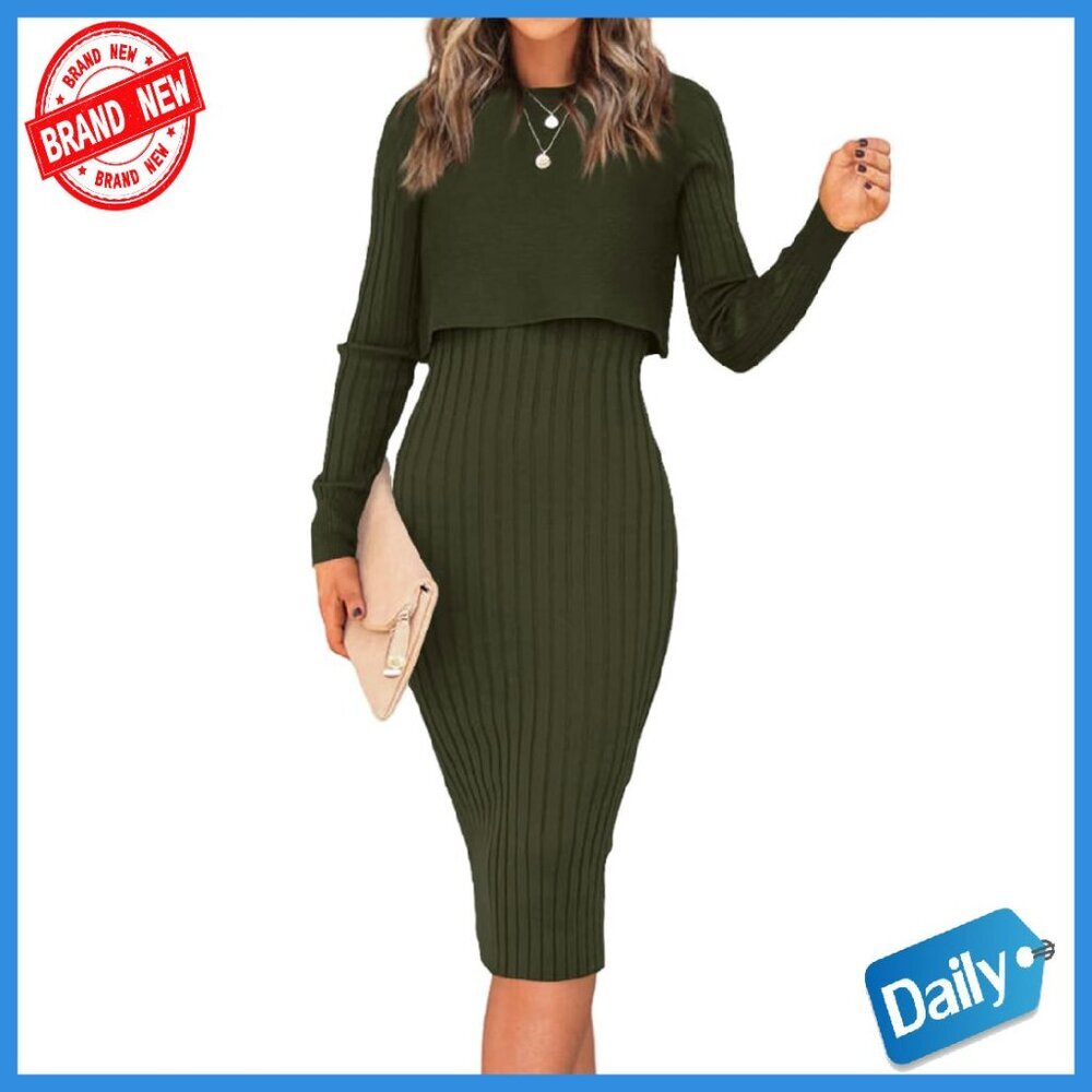 Long Sleeve Crop Top & Bodycon Midi Dress 2-Piece Set Ribbed Knit